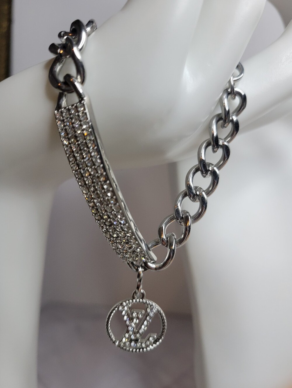 Chunky Stainless Steel Silver Crystal Pavรฉ Logo Charm Bracelet